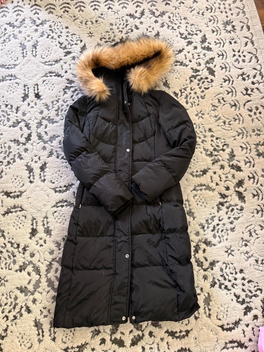 Karl Lagerfeld Black Long Puffer Coat with Faux Fur Trim